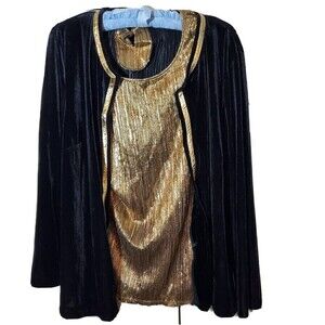 026) Elementz Blouse Jacket Set Womens Large Black Gold Velour Crinkle Party